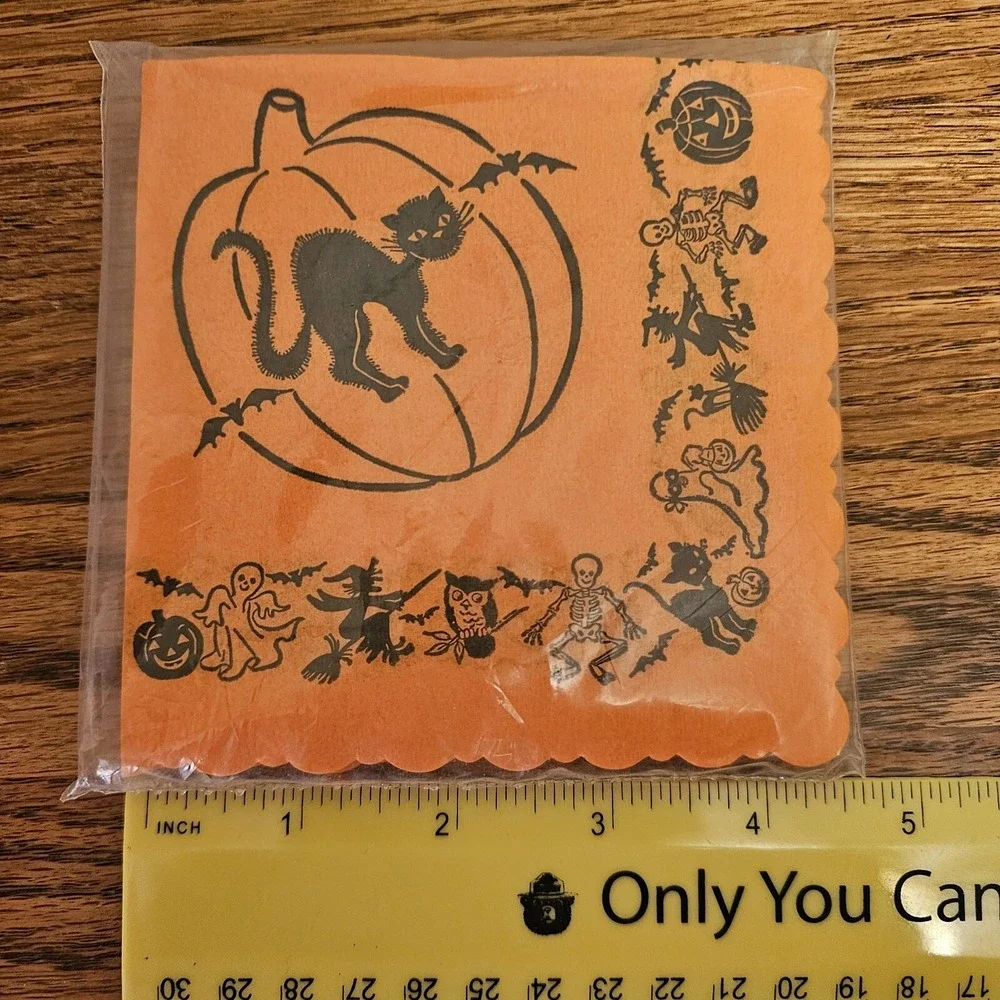 Vintage Crepe/Paper Halloween Beverage Napkin Set Of 24 Black Cat, Pumpkin 4.5